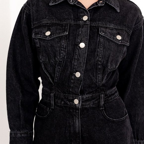 Le Lis NWT Long Sleeve Denim Romper in Black - Picture 4 of 5